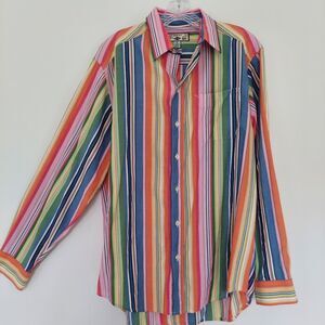 Caribbean Joe Mens Button Down Shirt Medium Rainbow Striped Long Sleeve Colorful
